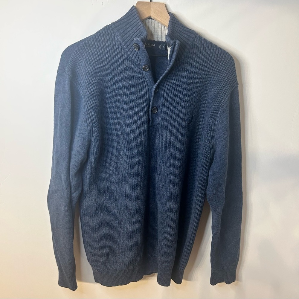 Nautica Men’s Navy Blue Mock Neck Button Sweater, Size XL